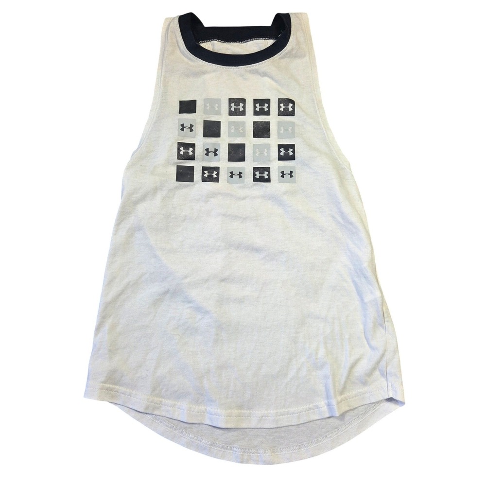 Under Armour Girls White HeatGear Mesh Back Muscle Tank Top YXS Navy Ringer Logo